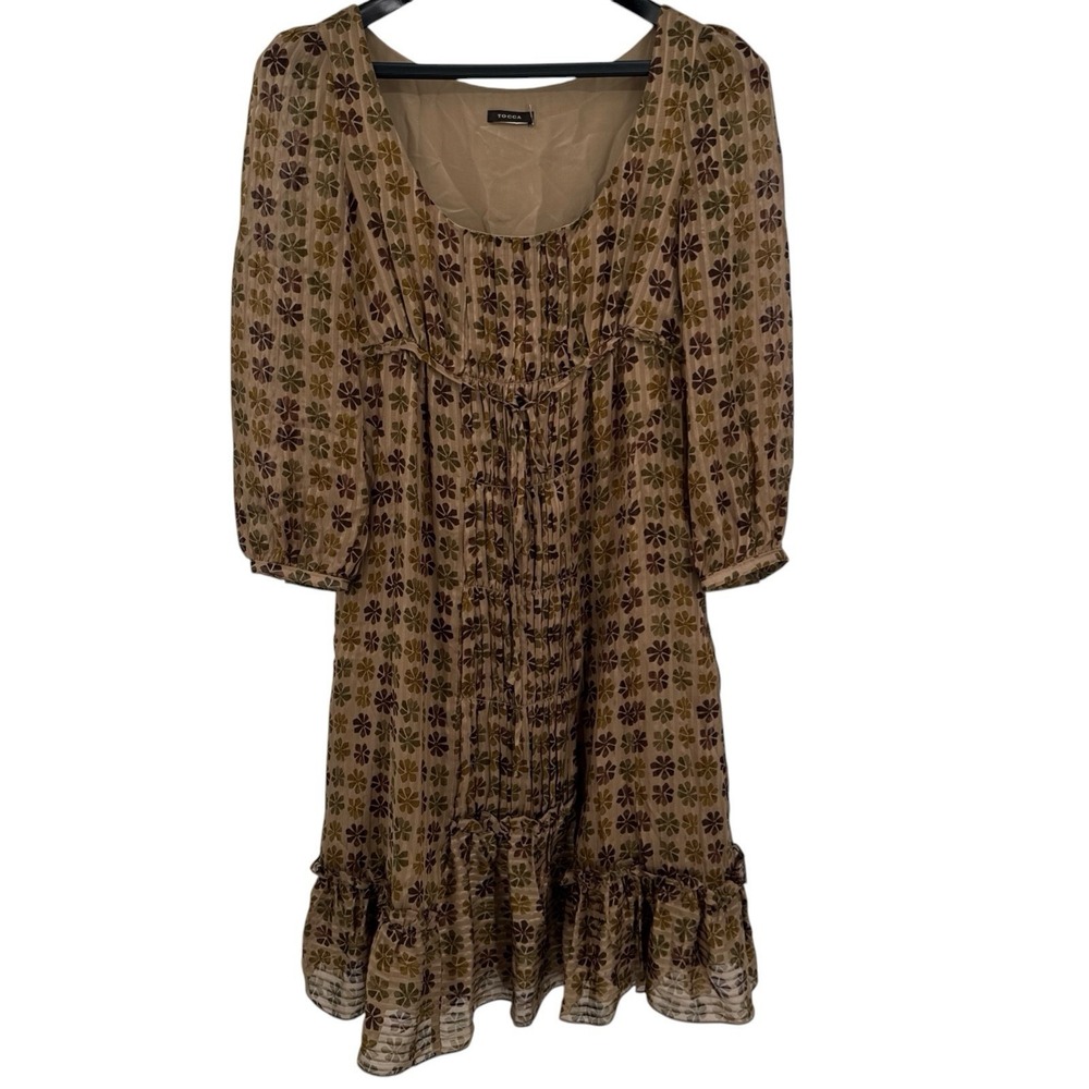 Tocca VTG Silk Floral Peasant Dress Brown/Green Flowers Ruffled Empire Waist Sm?